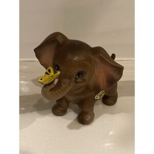 Vintage Elephant Ceramic Japanese Figurine 3" Brown Baby w/Yellow Butterfly